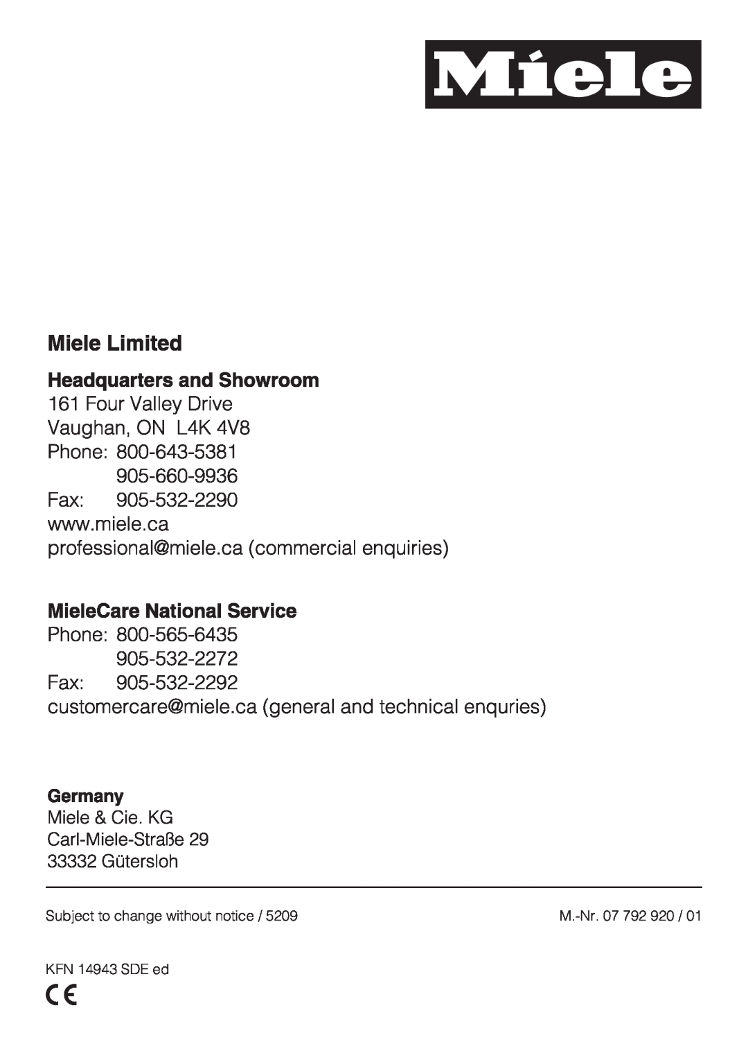 Miele KFN 14943 SDE ED installation instructions Subject to change without notice, M.-Nr.07 792 920, KFN 14943 SDE ed 