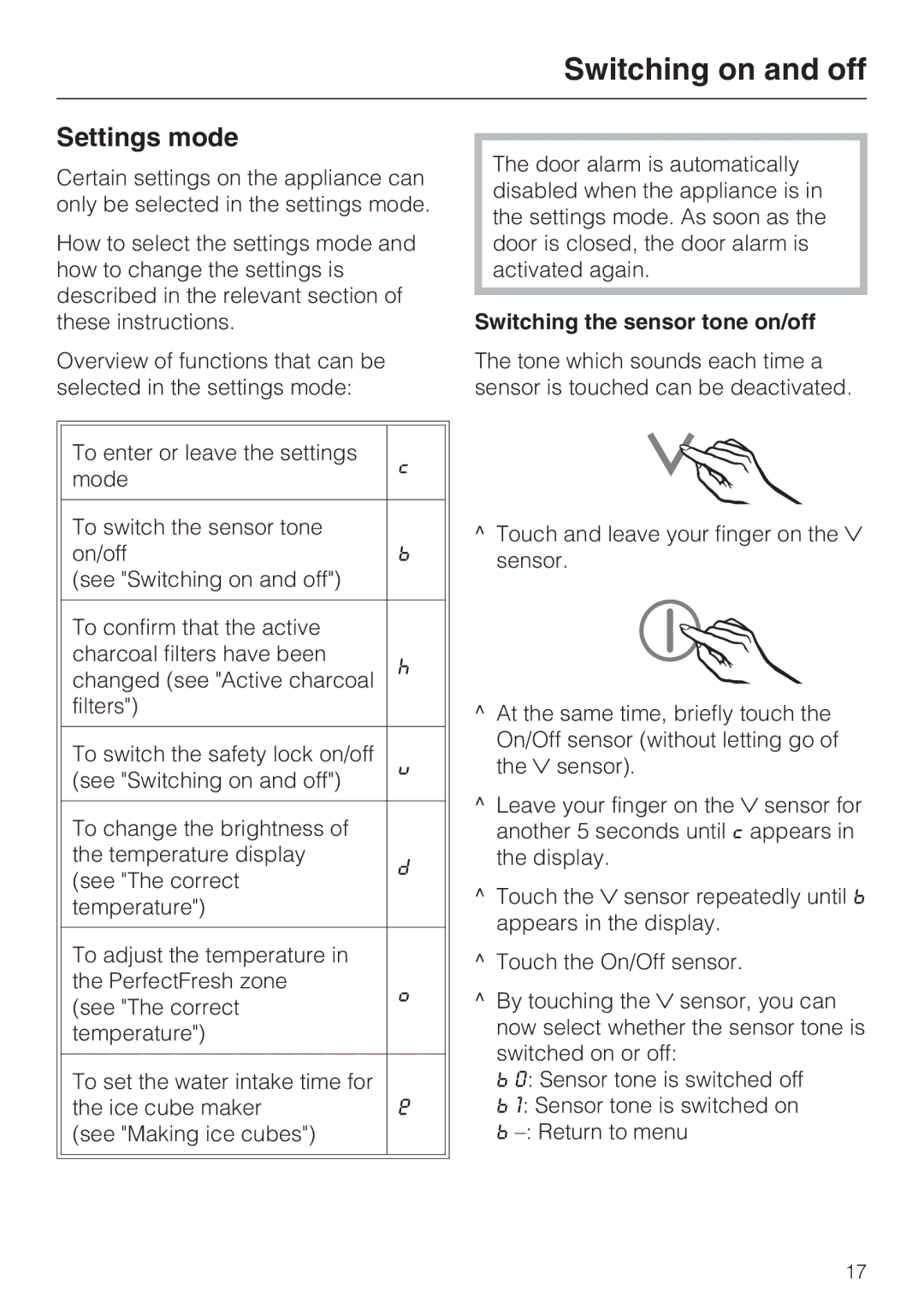 Miele KFN 14947 SDE ED installation instructions Settings mode, Switching the sensor tone on/off 