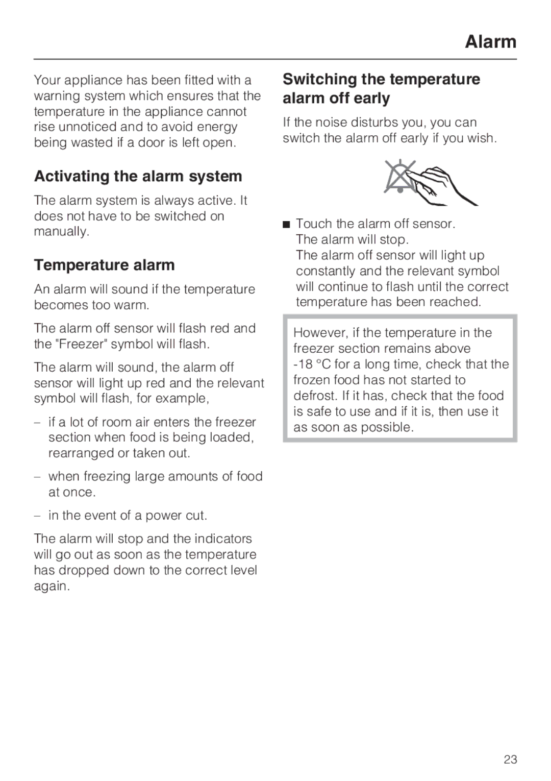 Miele KFN 14947 SDE ED Alarm, Switching the temperature alarm off early, Activating the alarm system, Temperature alarm 