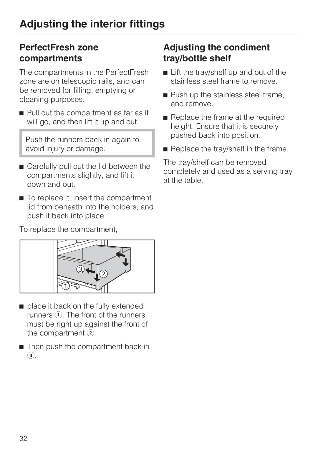 Miele KFN 14947 SDE ED installation instructions PerfectFresh zone compartments, Adjusting the condiment tray/bottle shelf 