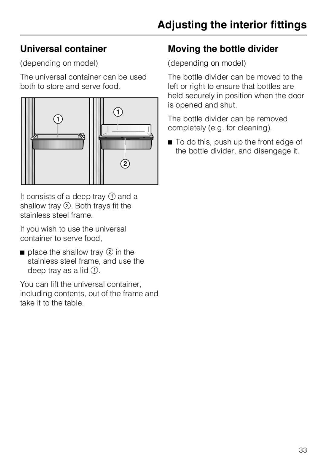 Miele KFN 14947 SDE ED installation instructions Universal container, Moving the bottle divider 