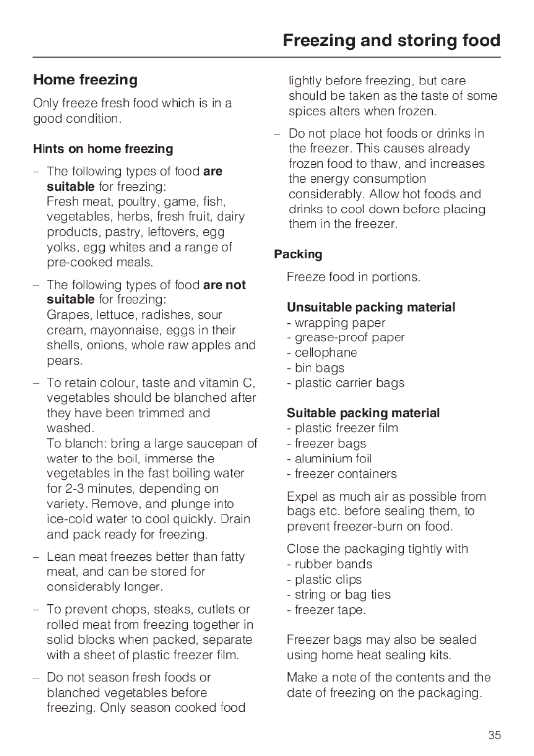 Miele KFN 14947 SDE ED Home freezing, Hints on home freezing, Packing, Unsuitable packing material 