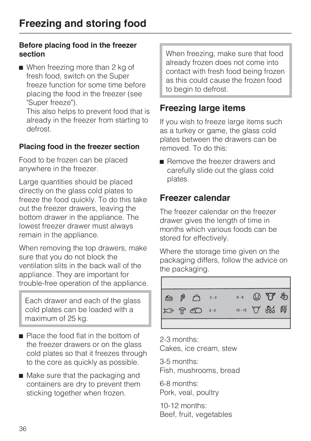 Miele KFN 14947 SDE ED Freezing large items, Freezer calendar, Before placing food in the freezer section 