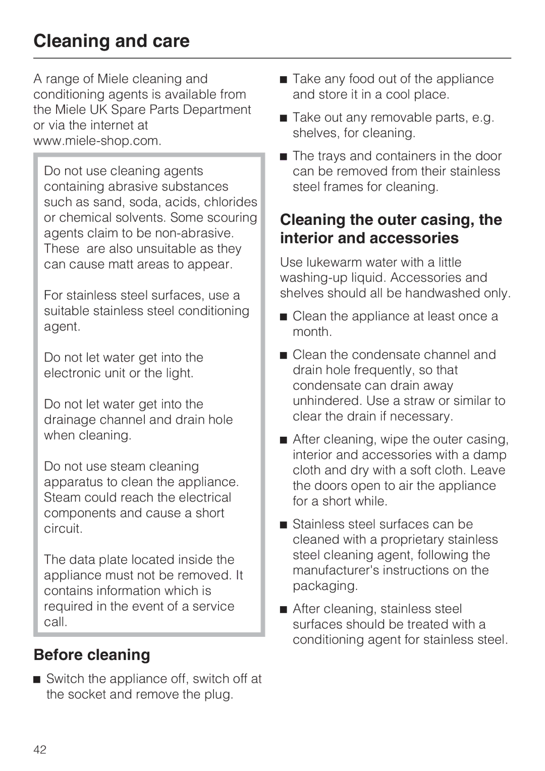 Miele KFN 14947 SDE ED Cleaning and care, Before cleaning, Cleaning the outer casing, the interior and accessories 