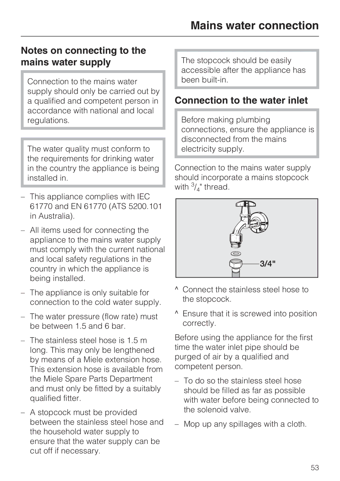 Miele KFN 14947 SDE ED installation instructions Mains water connection, Connection to the water inlet 