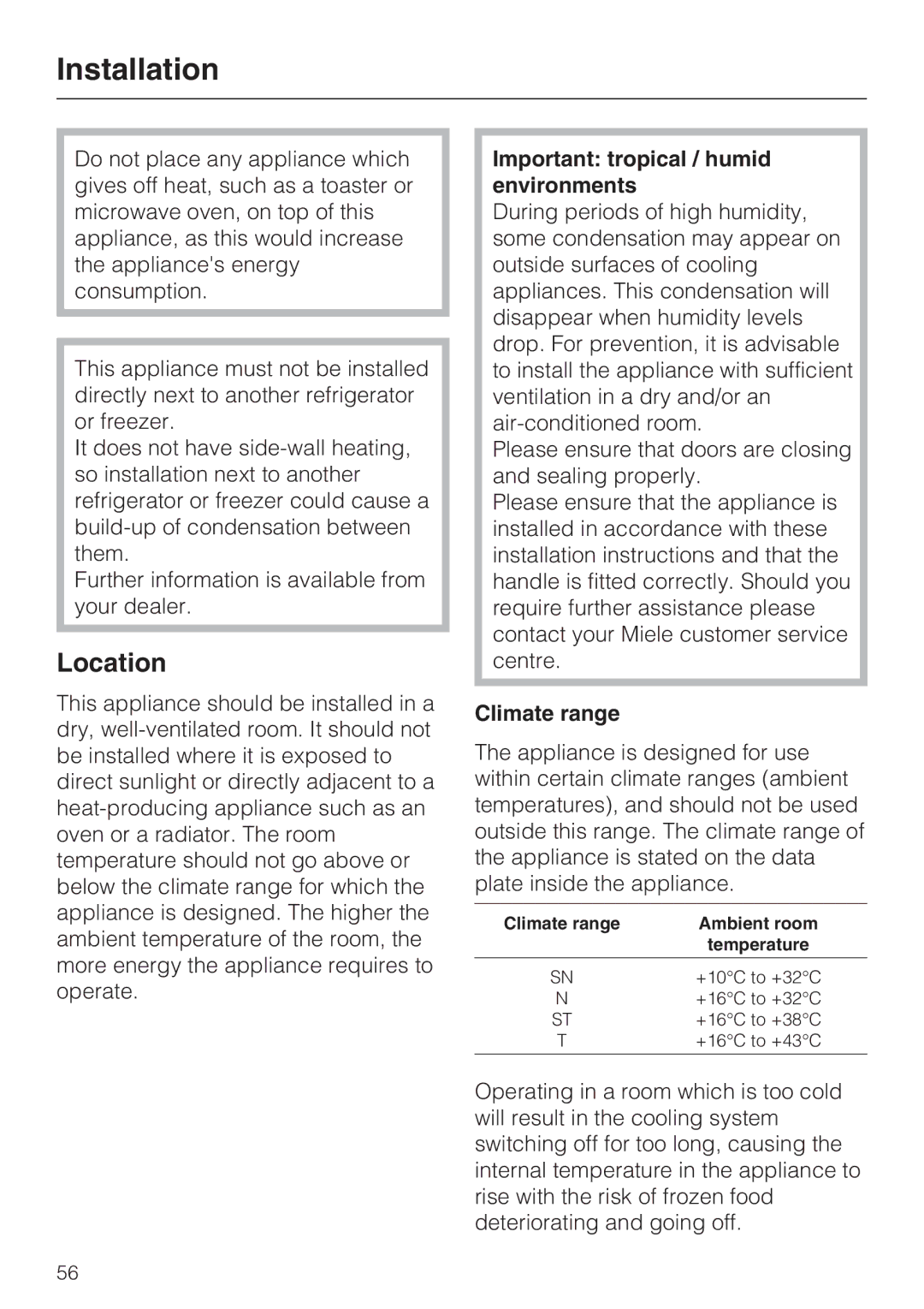 Miele KFN 14947 SDE ED Installation, Location, Important tropical / humid environments, Climate range 
