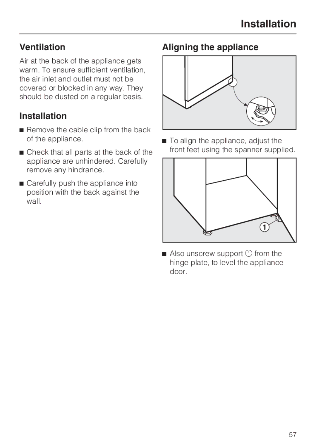 Miele KFN 14947 SDE ED installation instructions Ventilation Aligning the appliance, Installation 