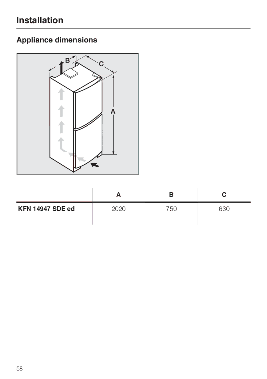 Miele KFN 14947 SDE ED installation instructions Appliance dimensions, KFN 14947 SDE ed 