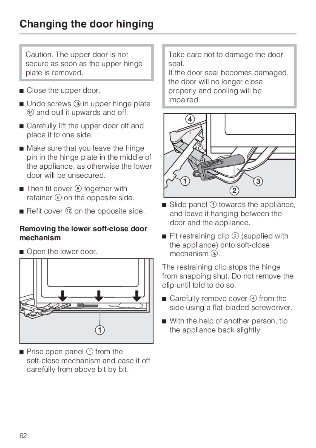 Miele KFN 14947 SDE ED installation instructions Removing the lower soft-close door mechanism 