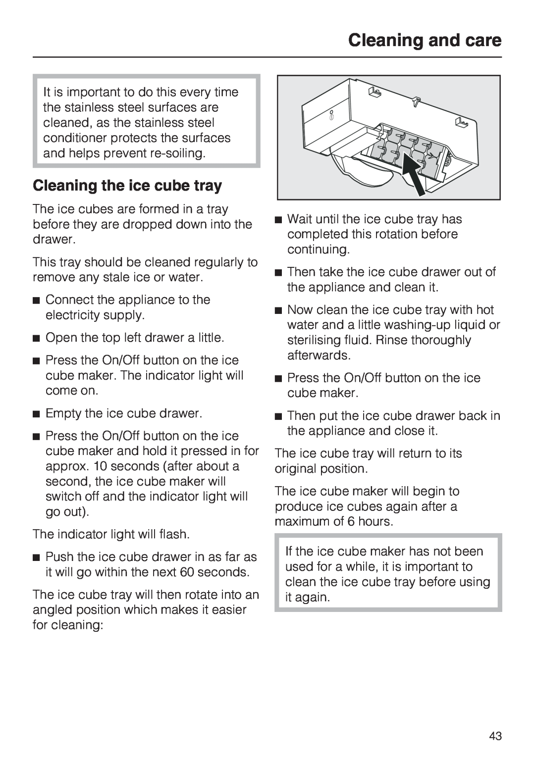 Miele KFN 14947 SDE ED installation instructions Cleaning the ice cube tray, Cleaning and care 
