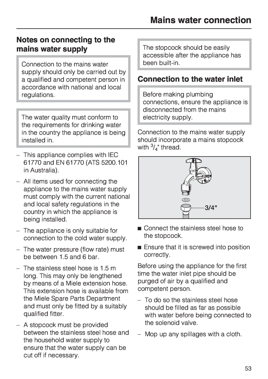 Miele KFN 14947 SDE ED installation instructions Mains water connection, Notes on connecting to the mains water supply 