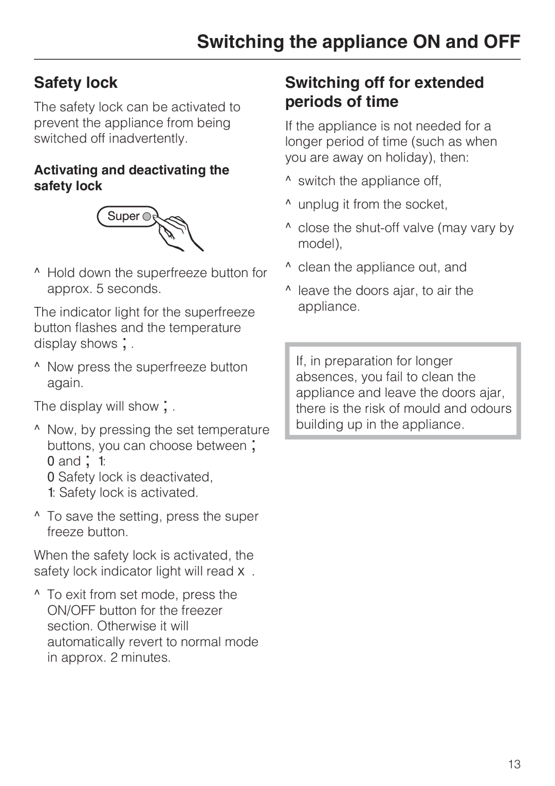 Miele KFN 8993 SDE ED Safety lock, Switching off for extended periods of time, Activating and deactivating the safety lock 
