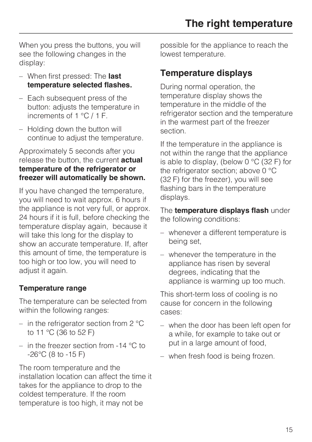 Miele KFN 8993 SDE ED, KFN 8992 SD ED Temperature range, Temperature displays flash under the following conditions 