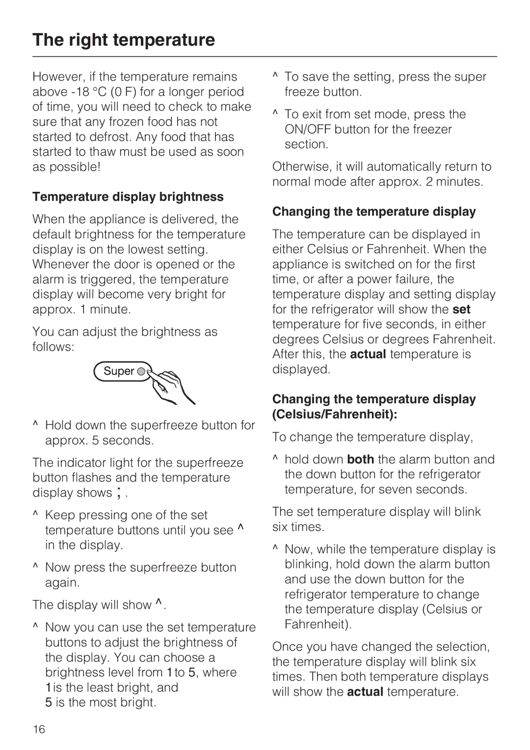 Miele KFN 8992 SD ED, KFN 8993 SDE ED Temperature display brightness, Changing the temperature display 