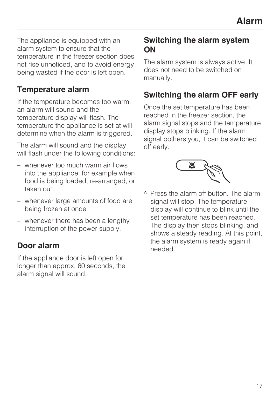 Miele KFN 8993 SDE ED Alarm, Switching the alarm system, Temperature alarm, Door alarm, Switching the alarm OFF early 