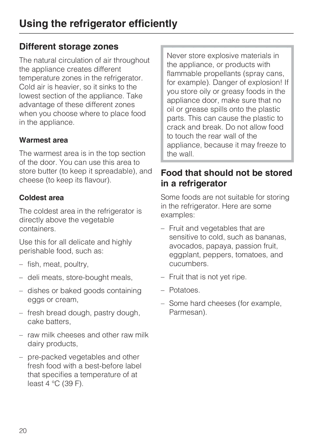 Miele KFN 8992 SD ED Using the refrigerator efficiently, Different storage zones, Warmest area, Coldest area 