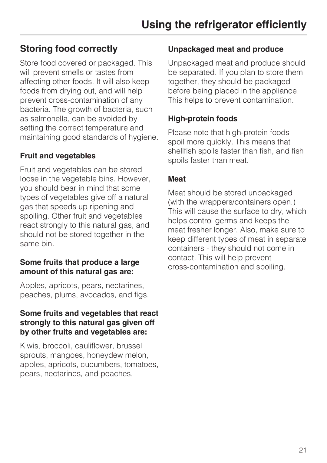 Miele KFN 8993 SDE ED Storing food correctly, Fruit and vegetables, Unpackaged meat and produce, High-protein foods, Meat 