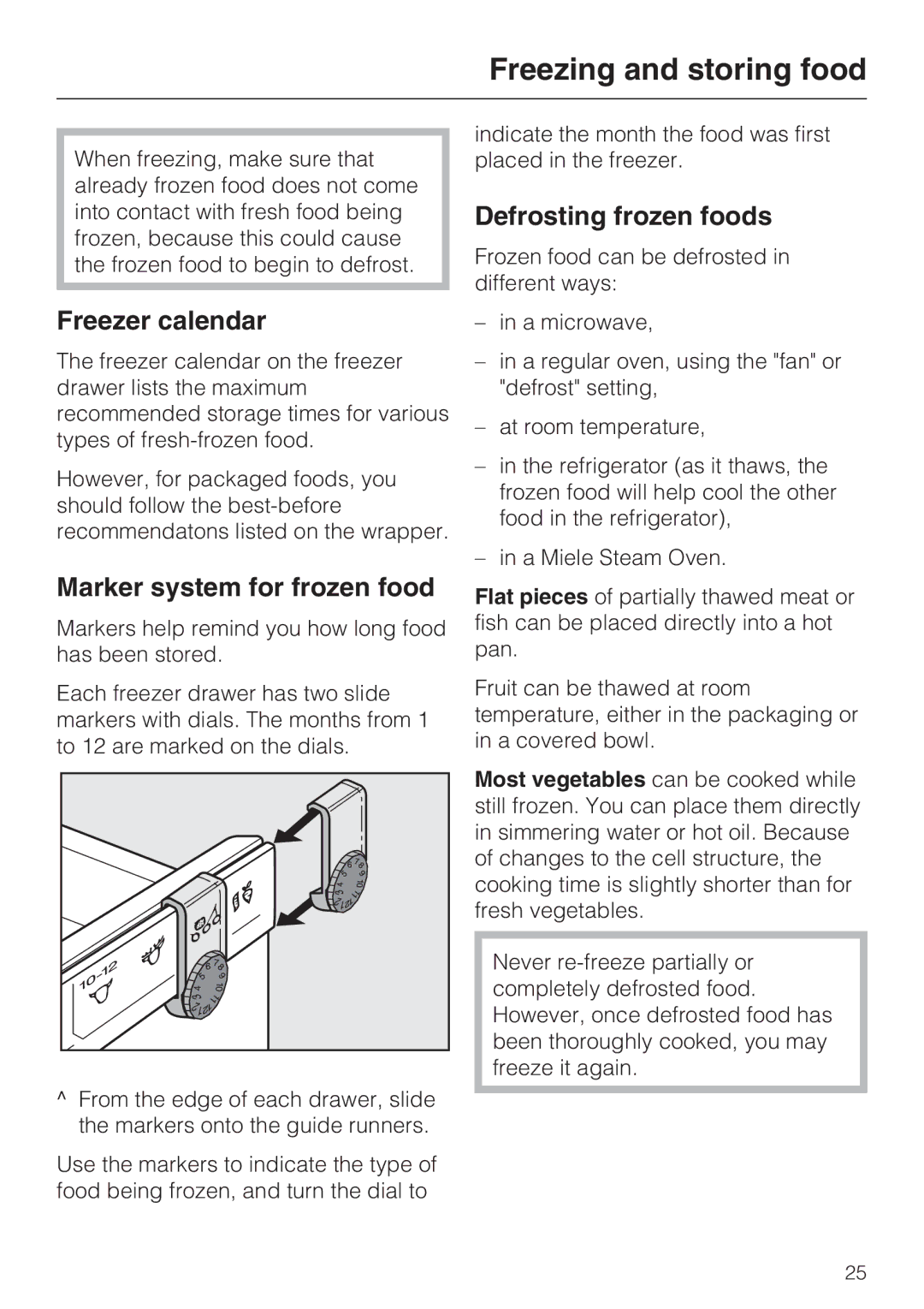 Miele KFN 8993 SDE ED, KFN 8992 SD ED Freezer calendar, Marker system for frozen food, Defrosting frozen foods 