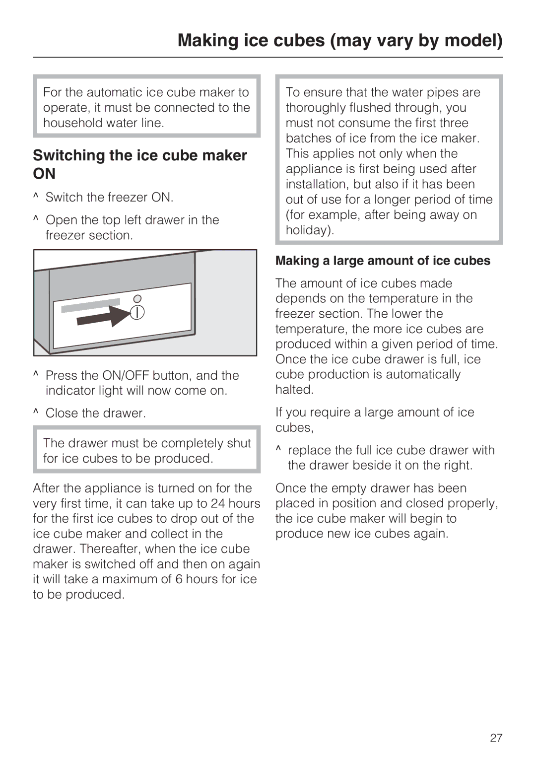 Miele KFN 8993 SDE ED Making ice cubes may vary by model, Switching the ice cube maker, Making a large amount of ice cubes 