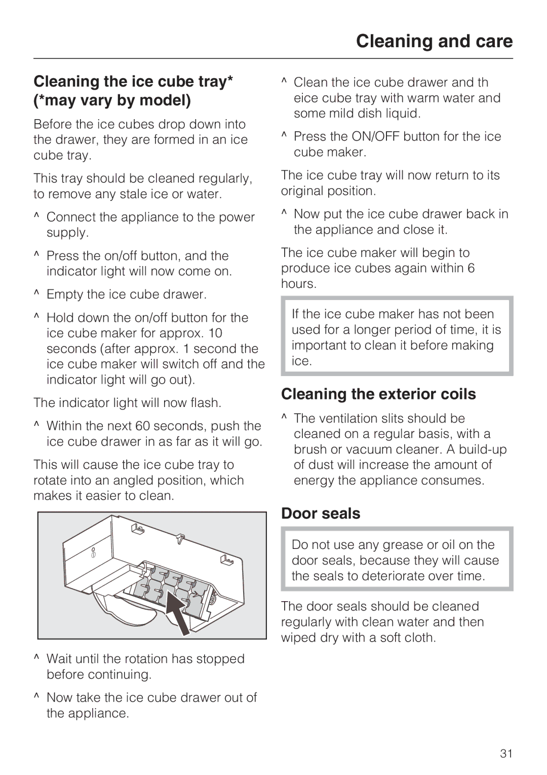 Miele KFN 8993 SDE ED Cleaning the ice cube tray* *may vary by model, Cleaning the exterior coils, Door seals 