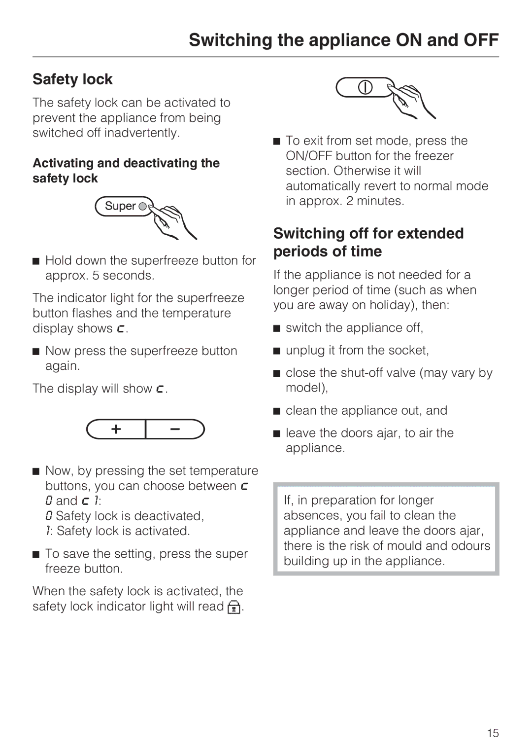 Miele KFN 8996 SDE ED-1, KFN 8995 SD ED-1 installation instructions Safety lock, Switching off for extended periods of time 