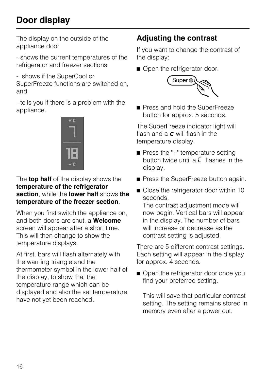 Miele KFN 8995 SD ED-1, KFN 8996 SDE ED-1 installation instructions Door display, Adjusting the contrast 