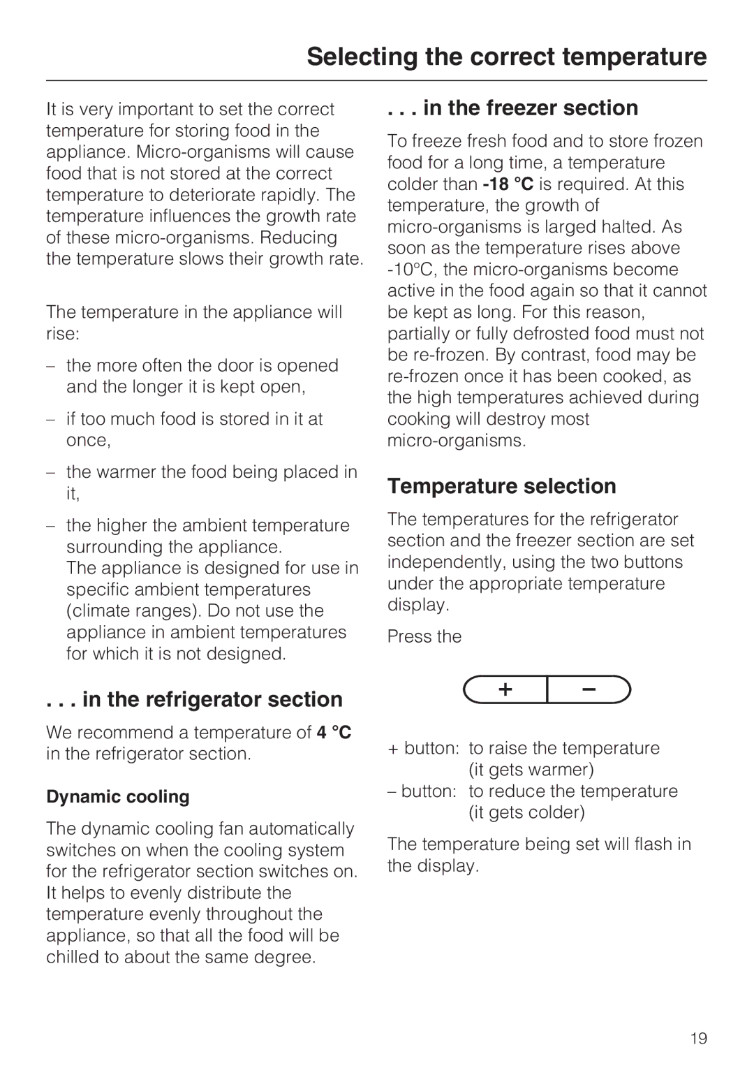 Miele KFN 8996 SDE ED-1 Selecting the correct temperature, Freezer section, Temperature selection, Refrigerator section 