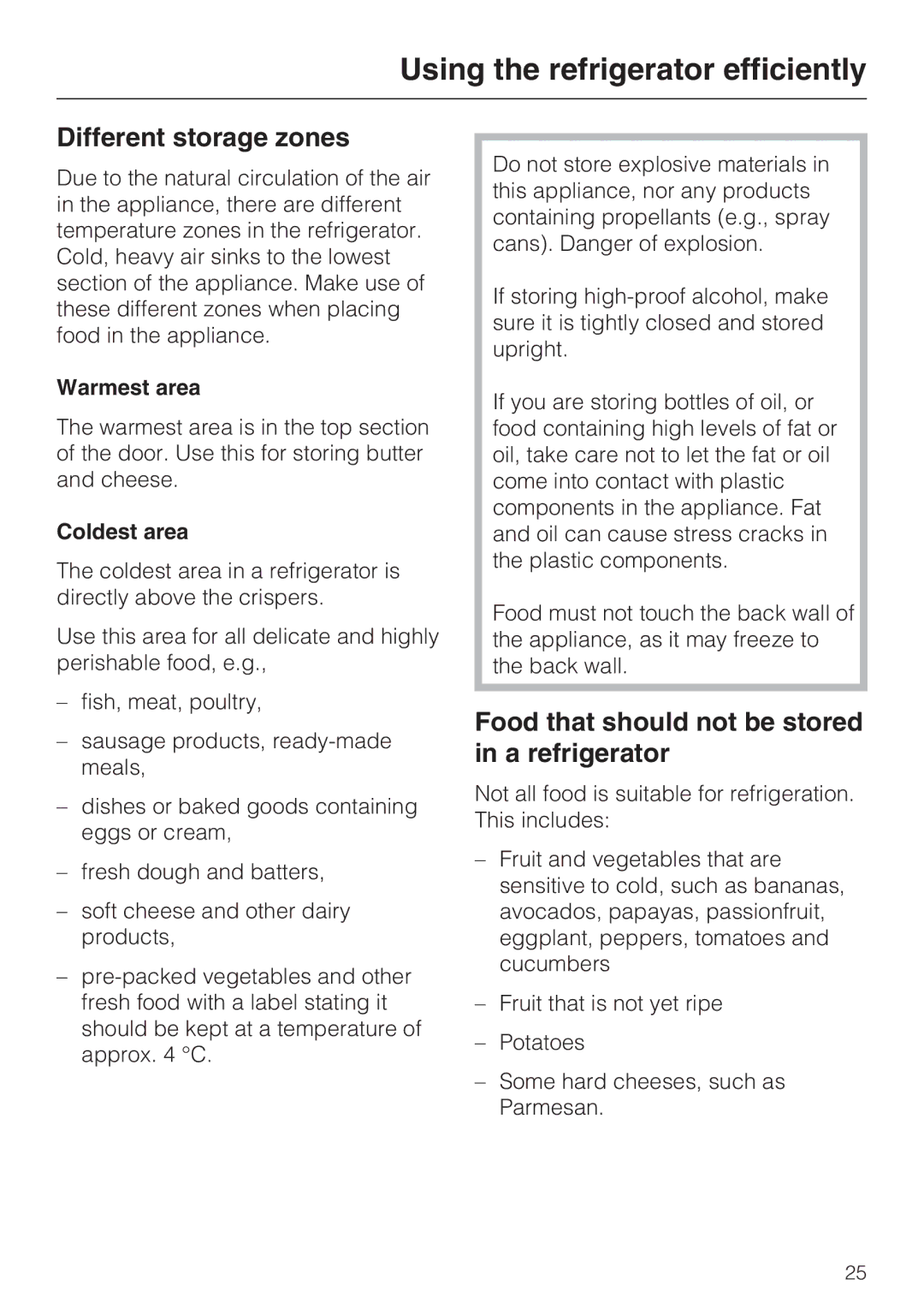 Miele KFN 8996 SDE ED-1 Using the refrigerator efficiently, Different storage zones, Warmest area, Coldest area 