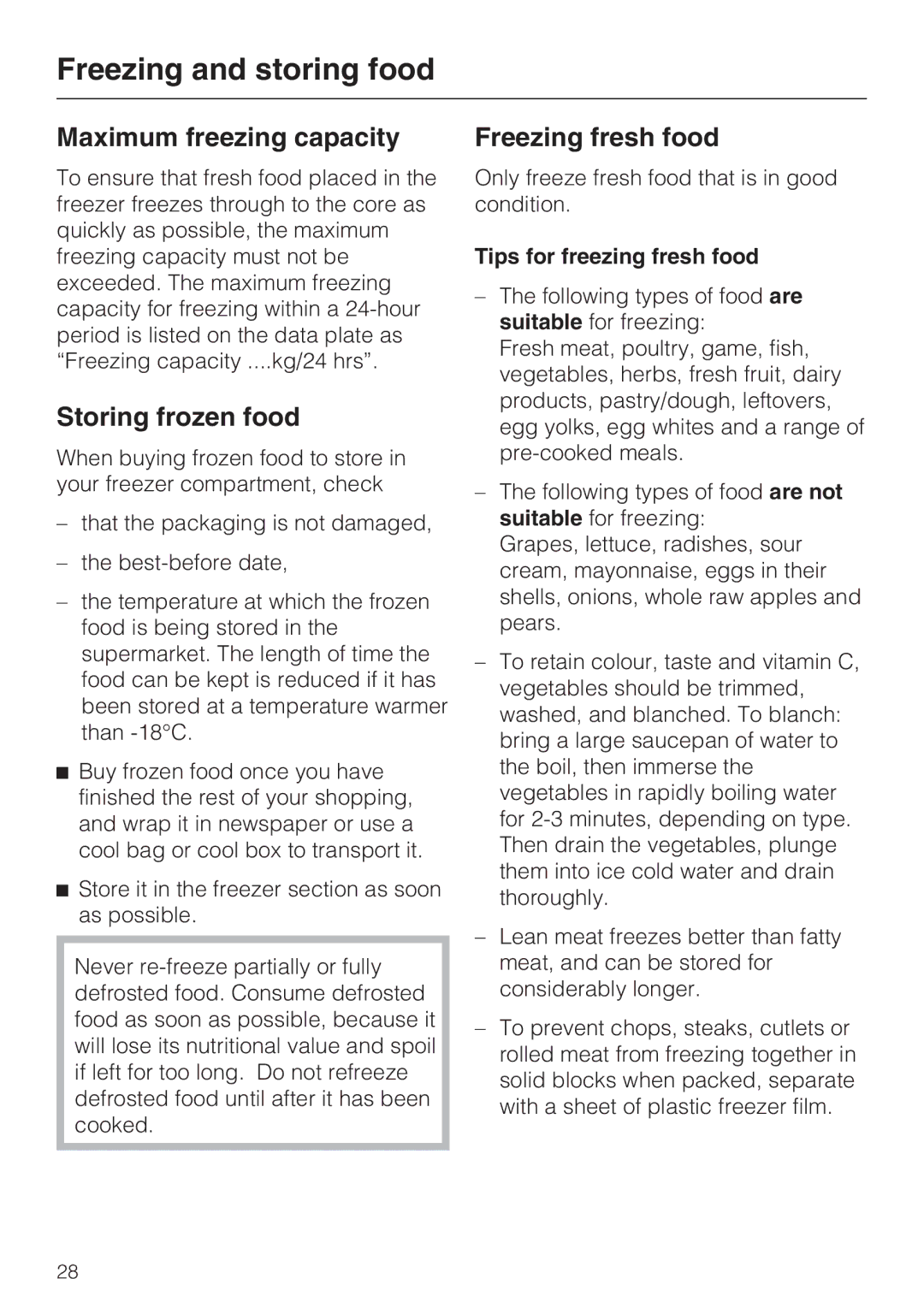 Miele KFN 8995 SD ED-1, KFN 8996 SDE ED-1 Freezing and storing food, Maximum freezing capacity, Storing frozen food 