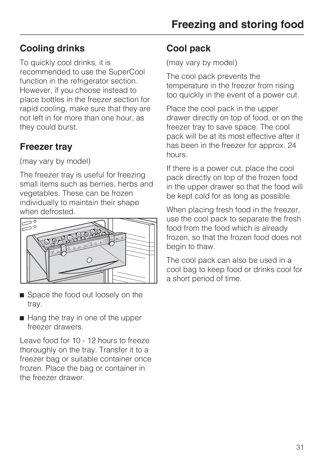 Miele KFN 8996 SDE ED-1, KFN 8995 SD ED-1 installation instructions Cooling drinks, Freezer tray 