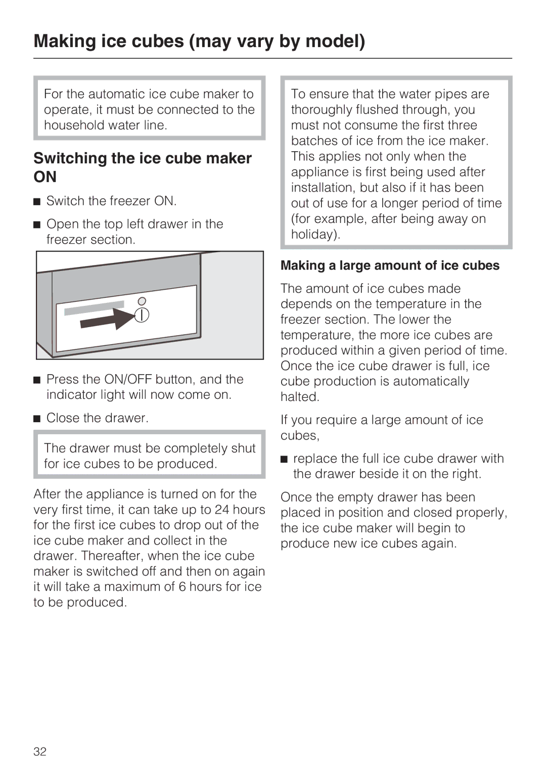 Miele KFN 8995 SD ED-1, KFN 8996 SDE ED-1 Making ice cubes may vary by model, Switching the ice cube maker 