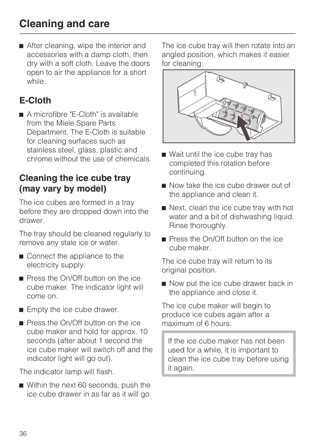 Miele KFN 8995 SD ED-1, KFN 8996 SDE ED-1 installation instructions Cloth, Cleaning the ice cube tray may vary by model 