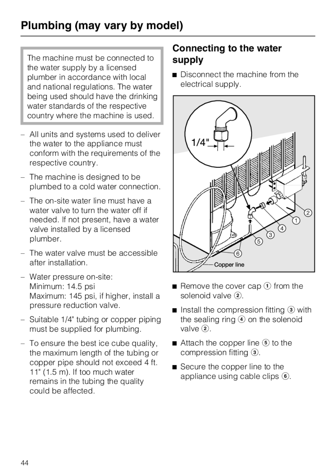 Miele KFN 8995 SD ED-1, KFN 8996 SDE ED-1 Plumbing may vary by model, Connecting to the water supply 