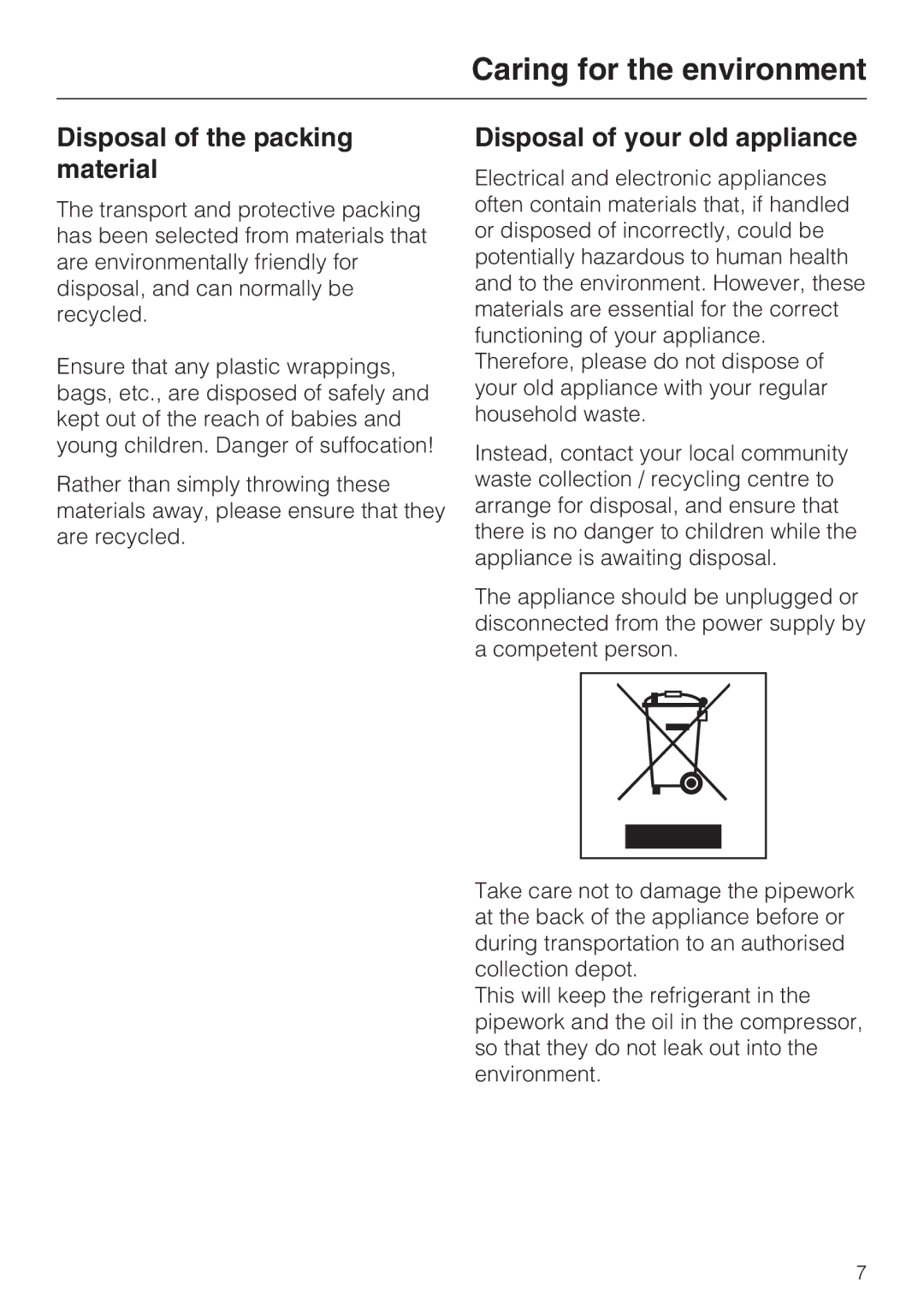 Miele KFN 8996 SDE ED-1 Caring for the environment, Disposal of the packing material, Disposal of your old appliance 