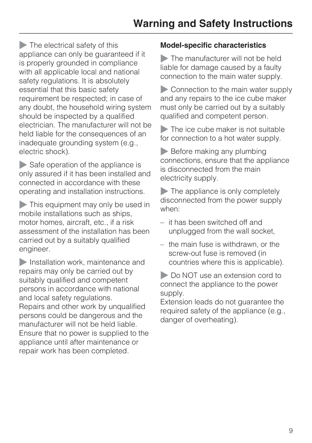 Miele KFN 8996 SDE ED-1, KFN 8995 SD ED-1 installation instructions Model-specific characteristics 