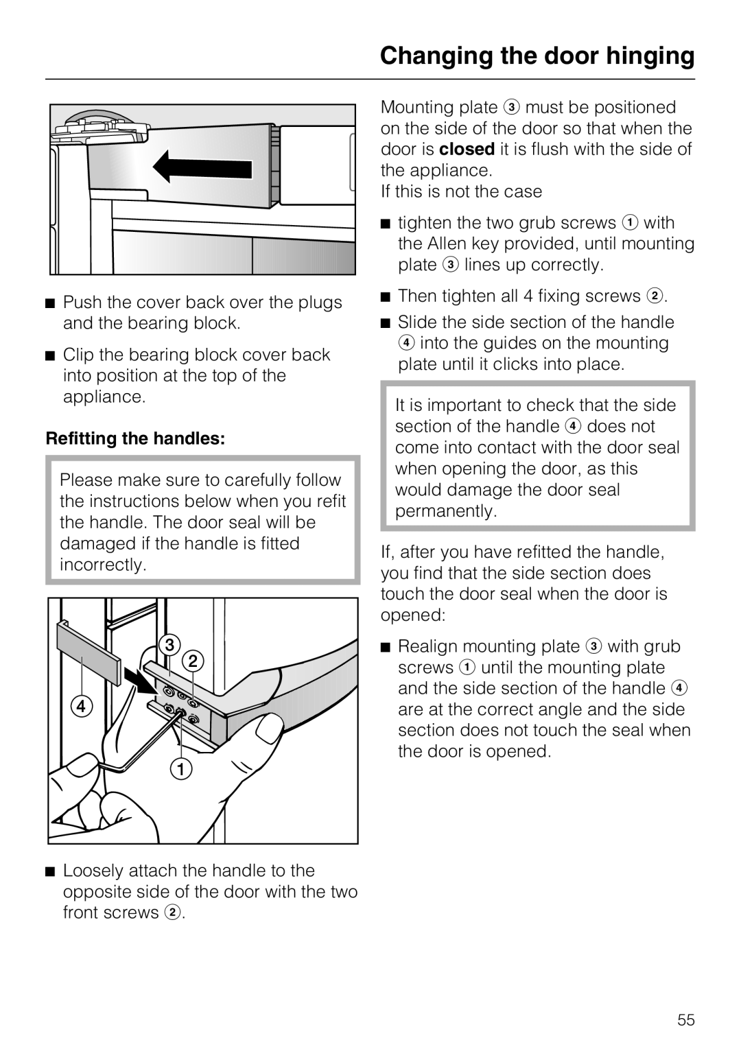 Miele KFN 8996 SDE ED-1, KFN 8995 SD ED-1 installation instructions Refitting the handles, Changing the door hinging 