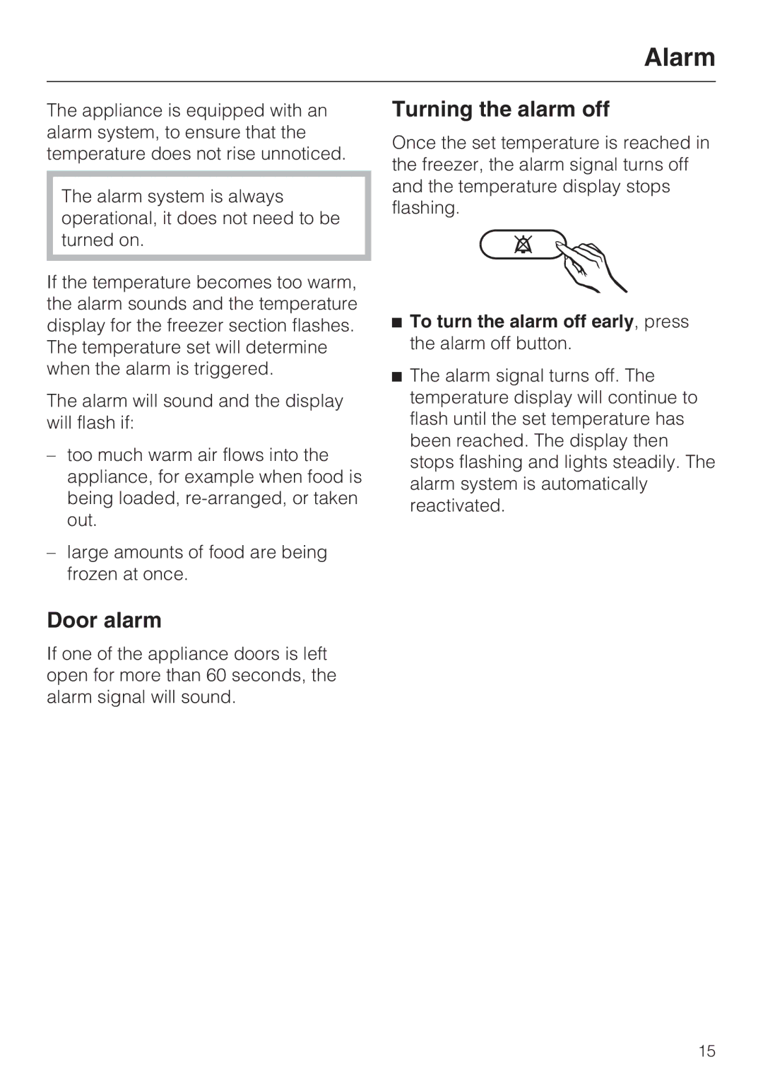 Miele KFN 9753 ID Alarm, Door alarm, Turning the alarm off, To turn the alarm off early, press the alarm off button 