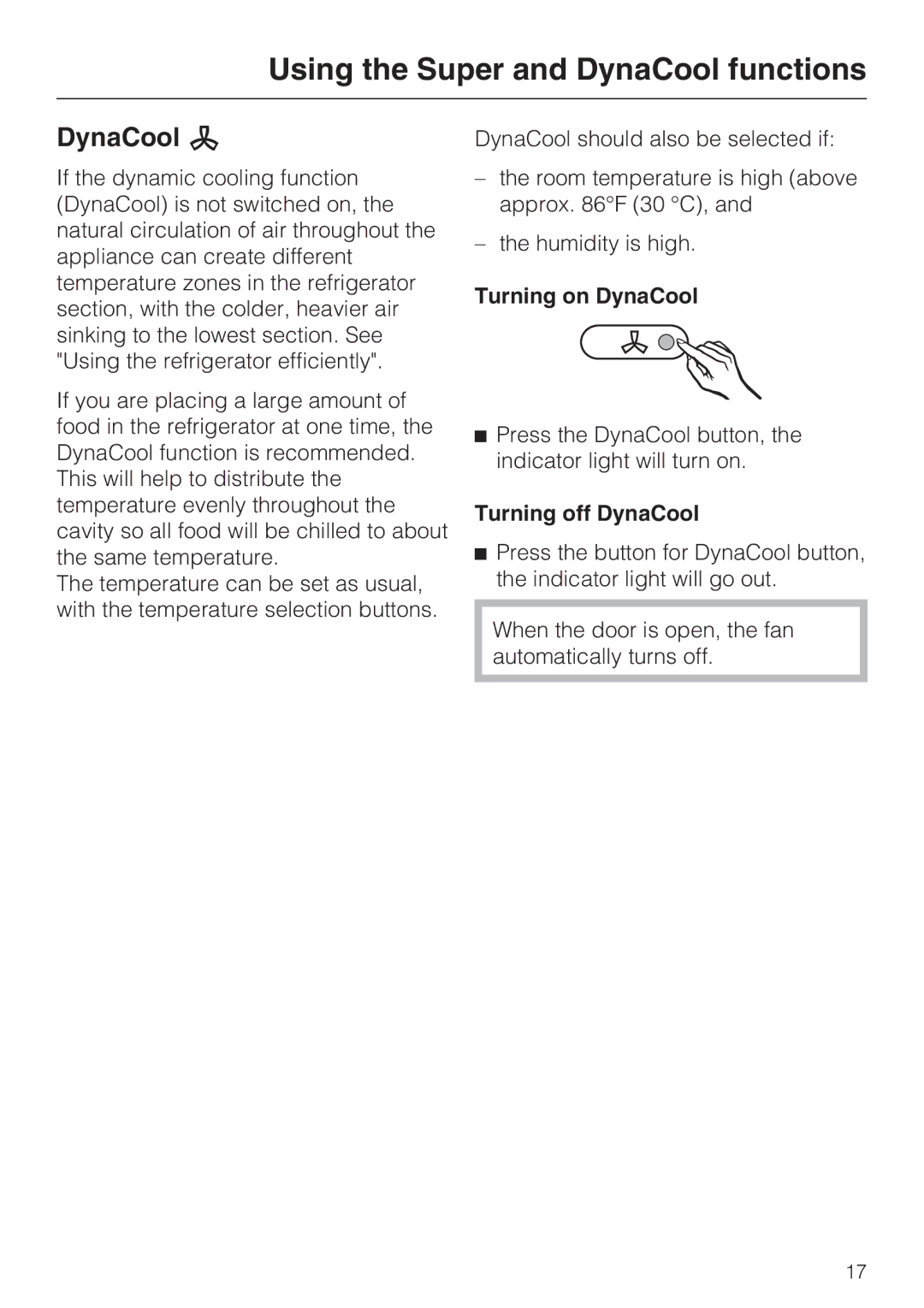 Miele KFN 9753 ID installation instructions DynaCool m, Turning on DynaCool, Turning off DynaCool 