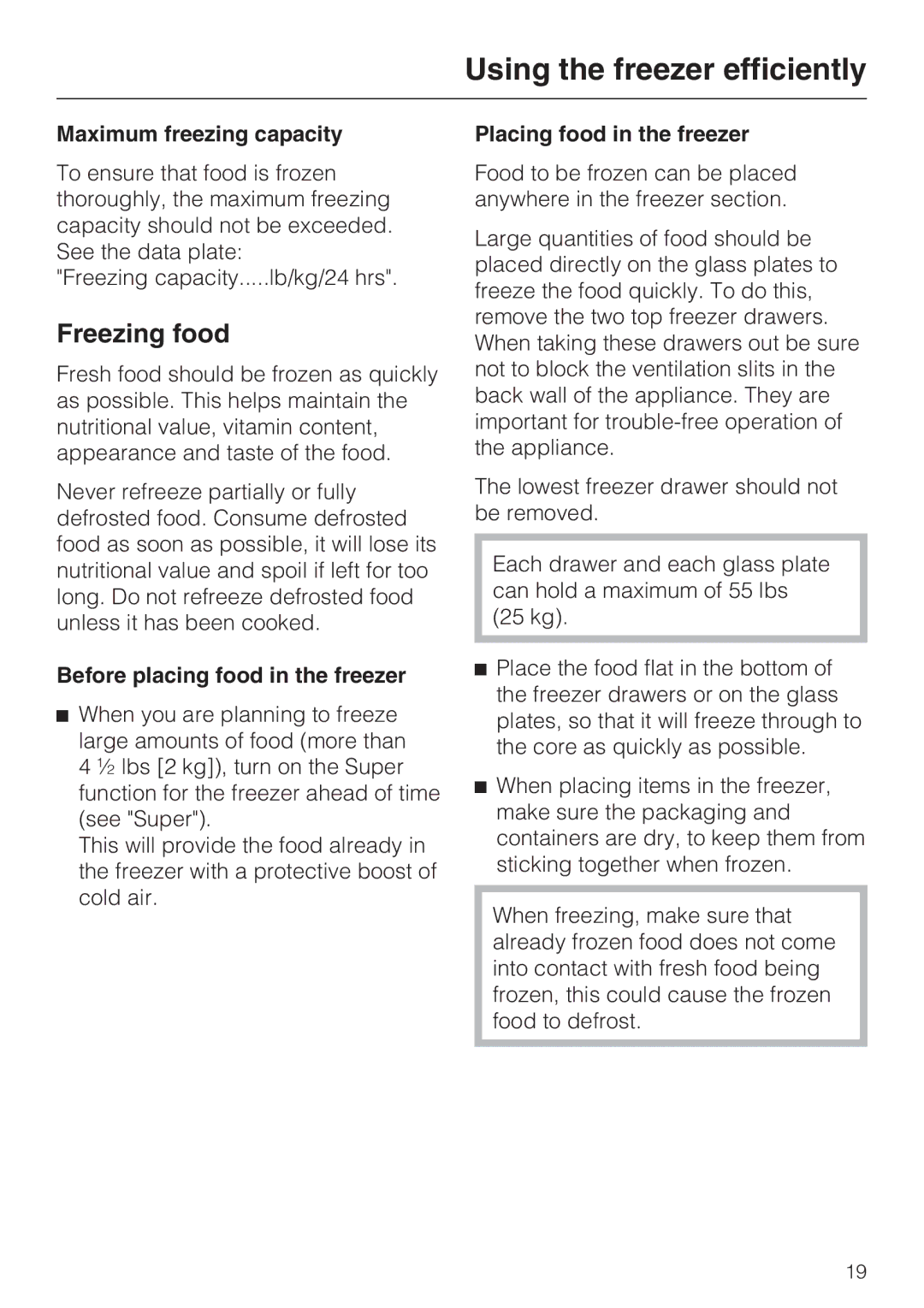 Miele KFN 9753 ID Using the freezer efficiently, Freezing food, Maximum freezing capacity, Placing food in the freezer 