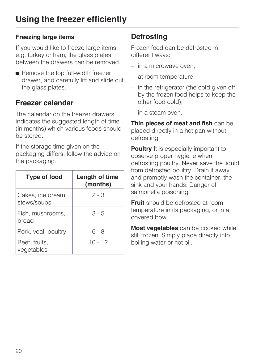 Miele KFN 9753 ID Freezer calendar, Defrosting, Freezing large items, Type of food Length of time Months 