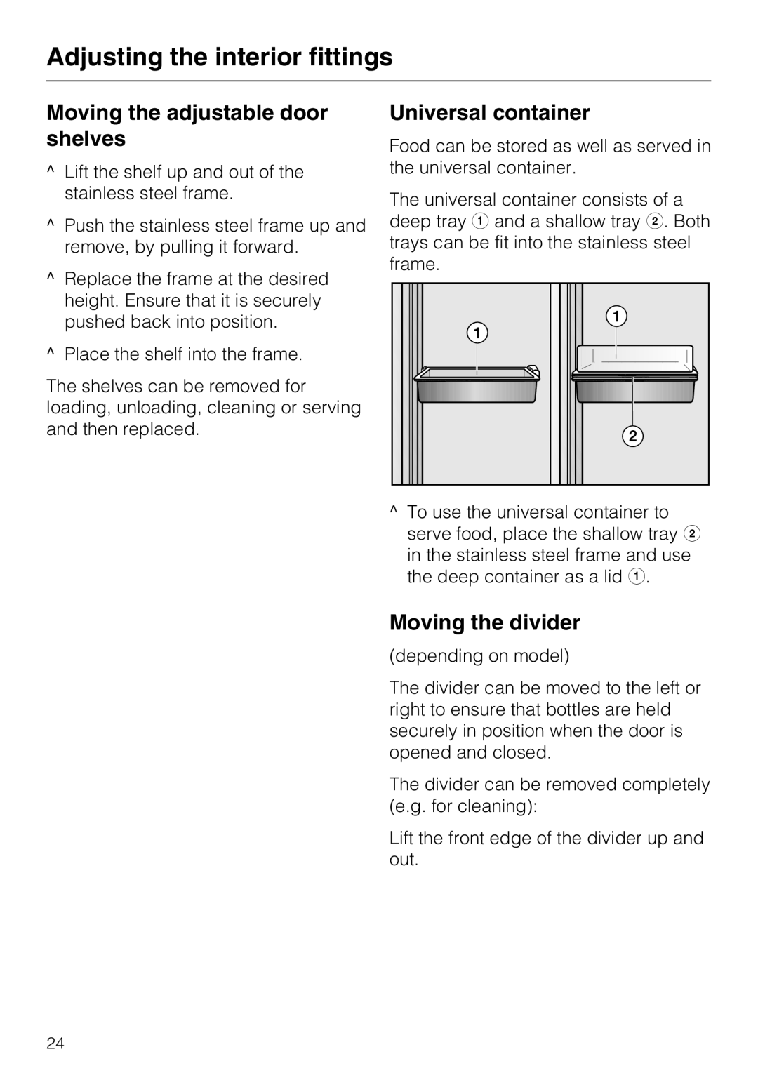 Miele KFN 9753 ID installation instructions Moving the adjustable door shelves, Universal container, Moving the divider 