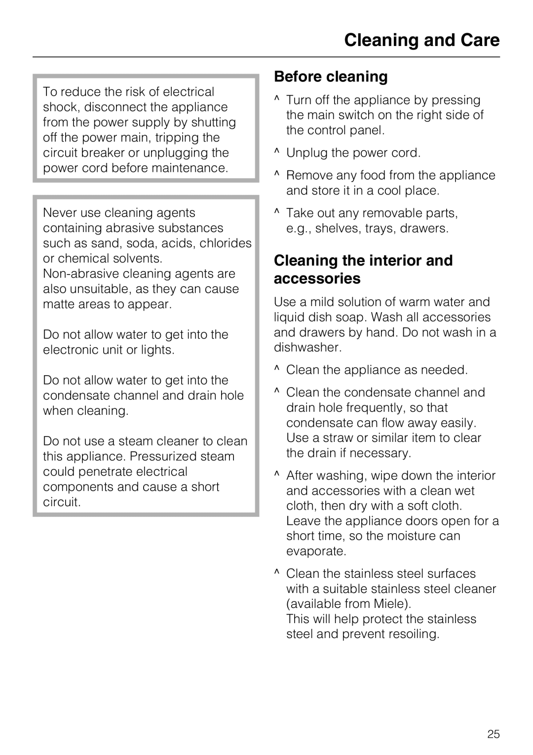 Miele KFN 9753 ID installation instructions Cleaning and Care, Before cleaning, Cleaning the interior and accessories 