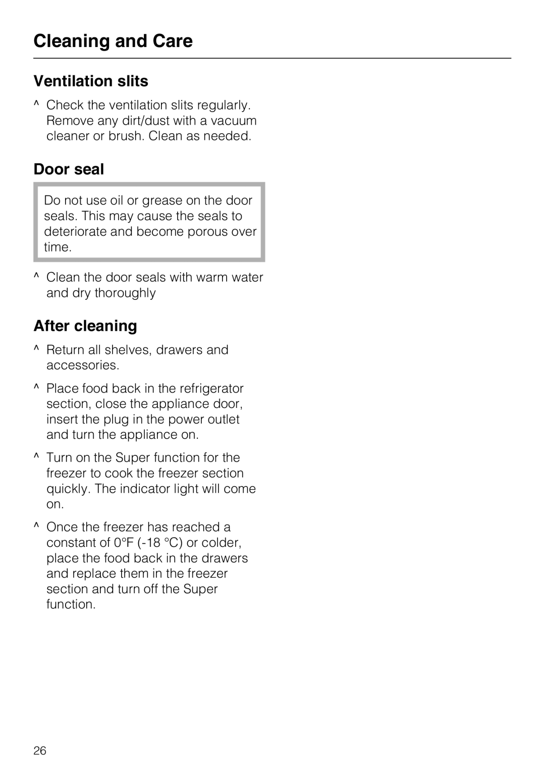 Miele KFN 9753 ID installation instructions Ventilation slits, Door seal, After cleaning 