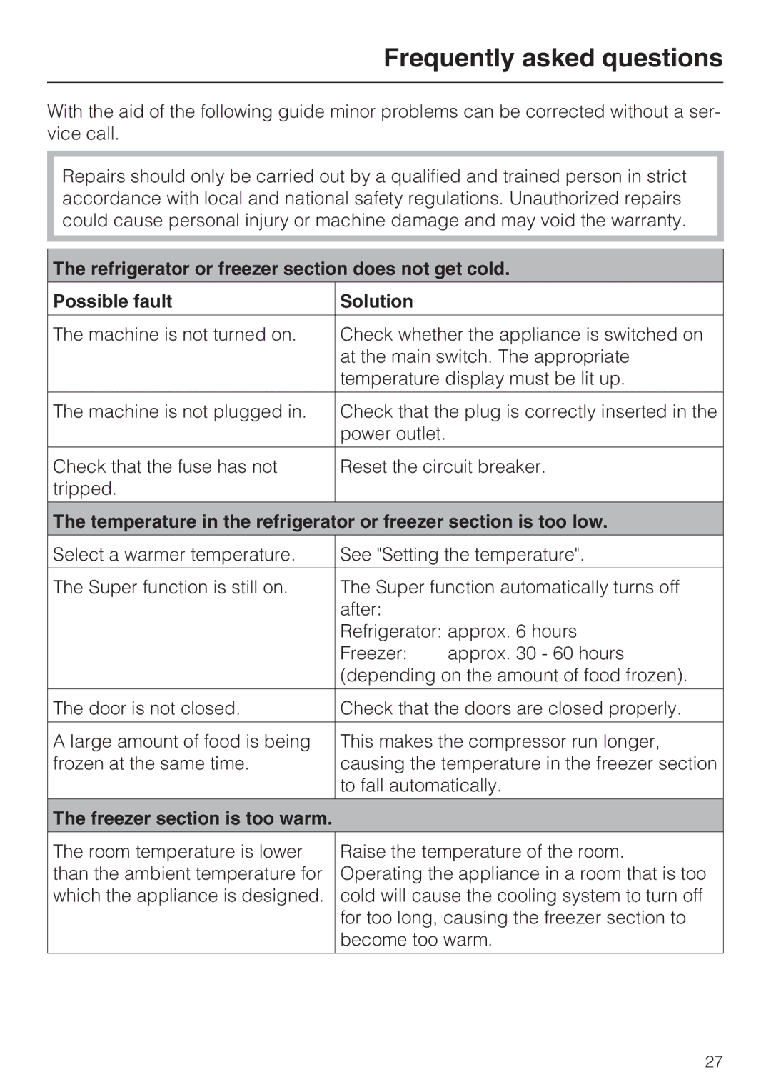 Miele KFN 9753 ID installation instructions Frequently asked questions, Freezer section is too warm 