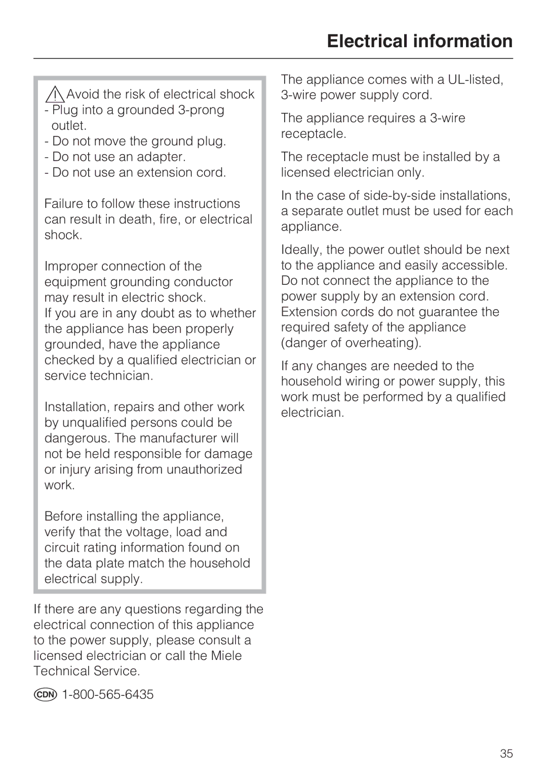 Miele KFN 9753 ID installation instructions Electrical information 