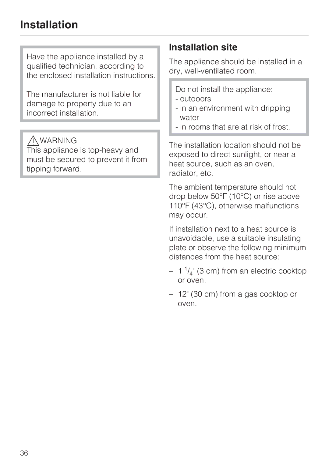 Miele KFN 9753 ID installation instructions Installation site 