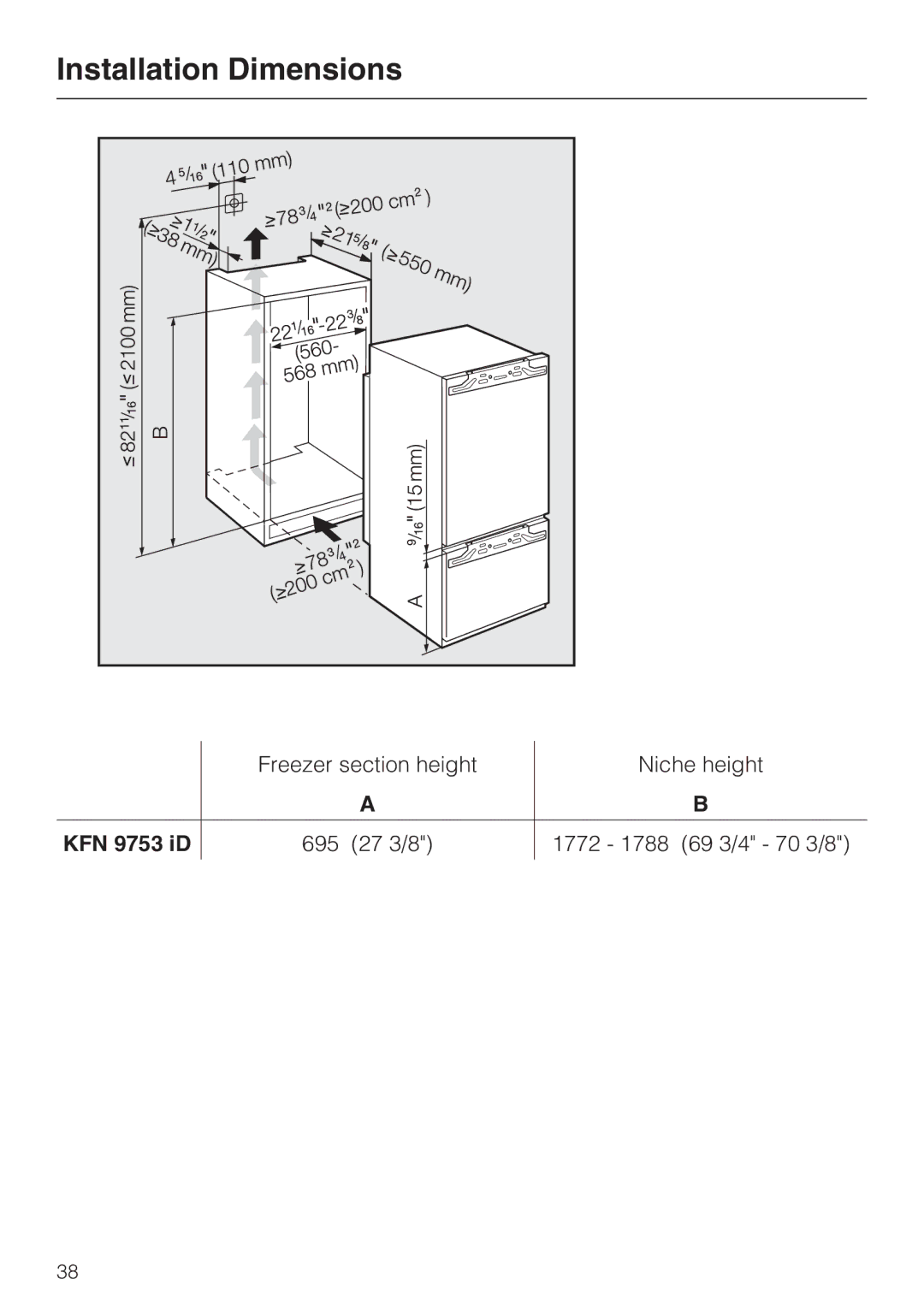 Miele KFN 9753 ID installation instructions Installation Dimensions, KFN 9753 iD 