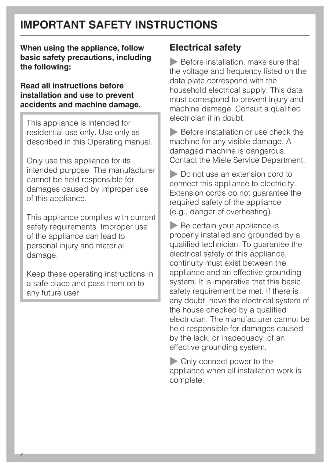 Miele KFN 9753 ID installation instructions Important Safety Instructions, Electrical safety 