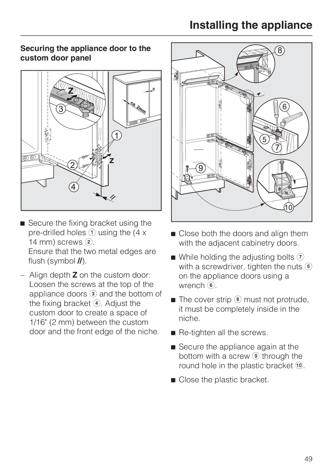 Miele KFN 9753 ID installation instructions Securing the appliance door to the custom door panel 