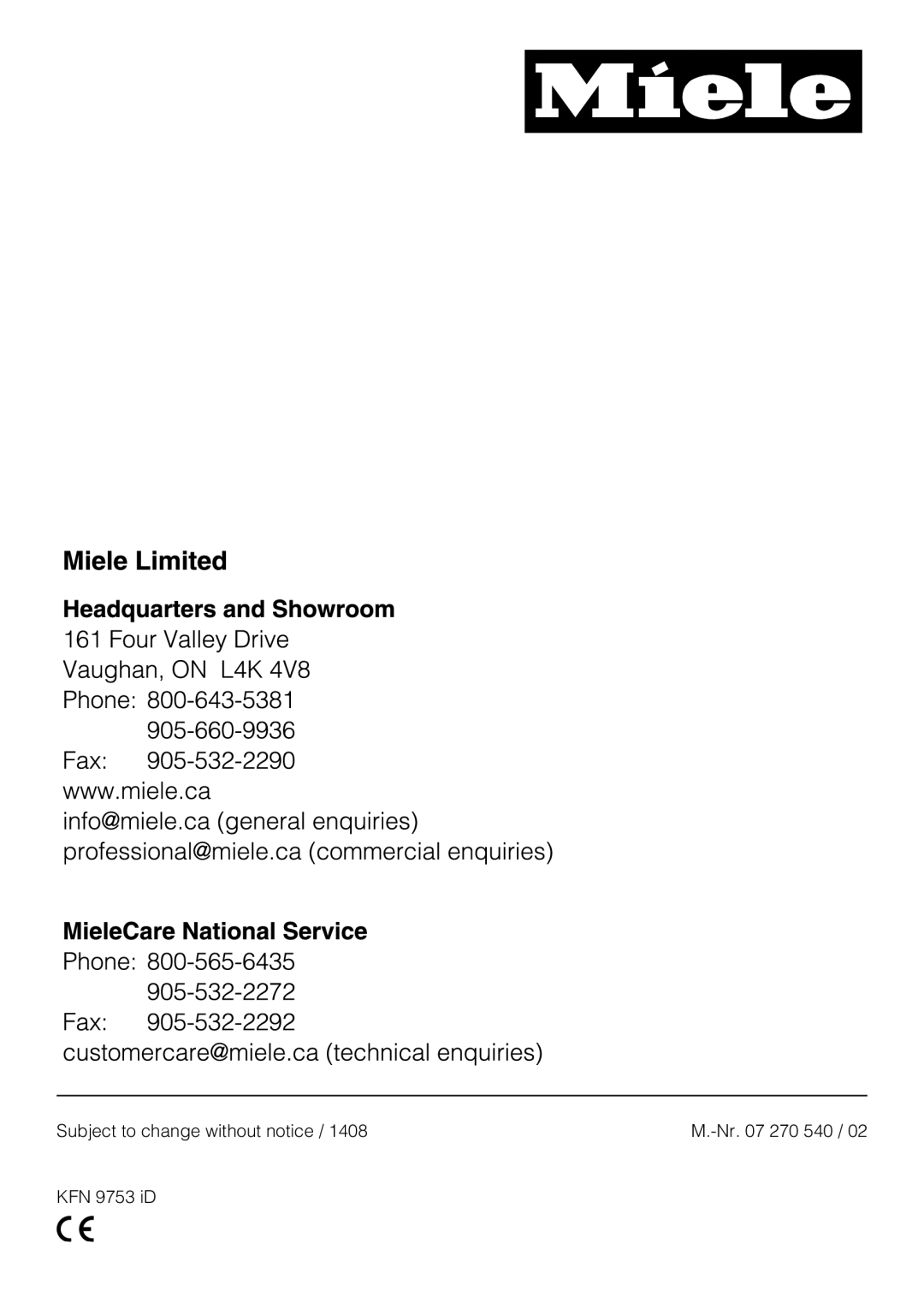 Miele KFN 9753 ID installation instructions Subject to change without notice Nr 270 540 KFN 9753 iD 